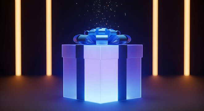 Glowing blue gift with sparkles and vibrant neon lights in modern abstract setting - Powered by Adobe