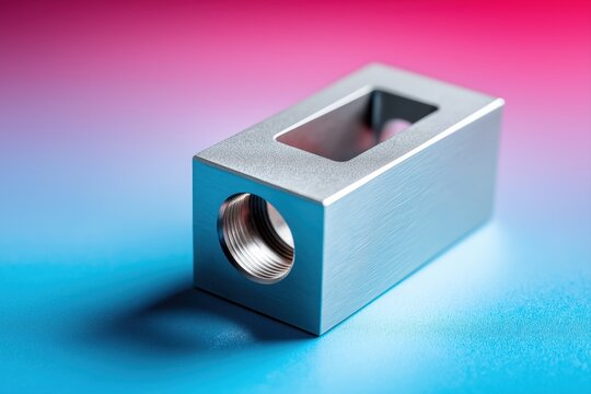 Machined aluminum microwave cavity resonator block with single rectangular aperture on blue rose gradient
