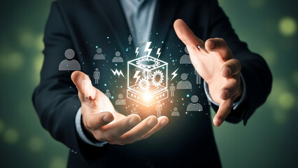 Businessman holding a glowing digital cube with gears and icons presenting business solution and innovative technology for business