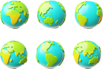 Planet Earth 3D cartoon plastic style vector set, render world globe with continents and oceans, volume ecology symbol