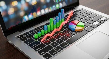 Colorful 3D financial bar and pie charts with a rising red arrow on a modern laptop keyboard representing business growth, data analysis, and stock market success
