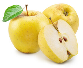 Ripe yellow apples and apple slice on white background. File contains clipping paths.