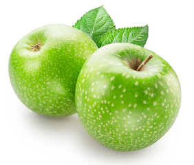 Ripe green apples with leaves on white background. File contains clipping paths.