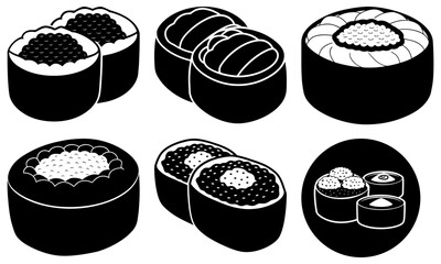 Sushi rolls assortment for restaurant menus, appetizing Japanese cuisine icons, delicious seafood treats, fresh ingredients, culinary art design element