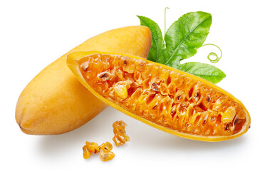 Curuba or banana passion fruit cut in half showing the juicy pulp and black seeds on white background. File contains clipping path.