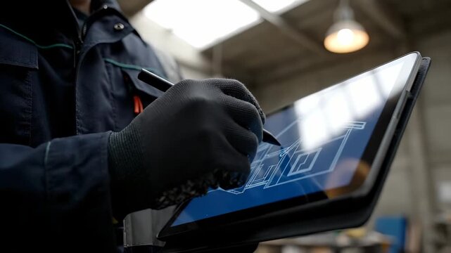 Technician uses tablet and stylus for blueprint. Industrial worker reviews digital design. Engineer checks maintenance plan. Hand taps schematic on tablet. Scene shows industrial workflow and design. - Powered by Adobe