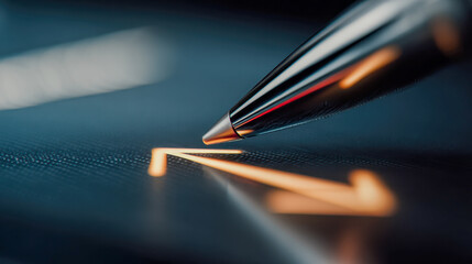 Metallic pen tip drawing glowing zigzag line on digital screen representing finance or technology concept with futuristic design and sharp focus