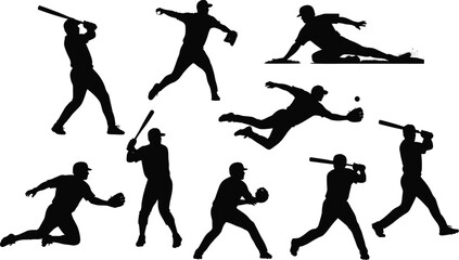 Collection of Black Baseball and Softball Player Silhouettes, Various Action Poses Including Batting, Pitching, and Catching, Isolated on Pure White 