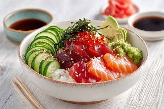 Fresh chirashi dish: mixed sashimi over sushi rice with avocado, cucumber, ikura, nori, and sesame in a white ceramic bowl - Powered by Adobe