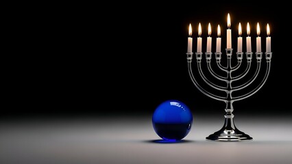 Silver menorah with lit candles beside blue glass ornament  with space for text