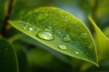 Fresh green leaf with tiny dew beads, high-detail nature macro shot