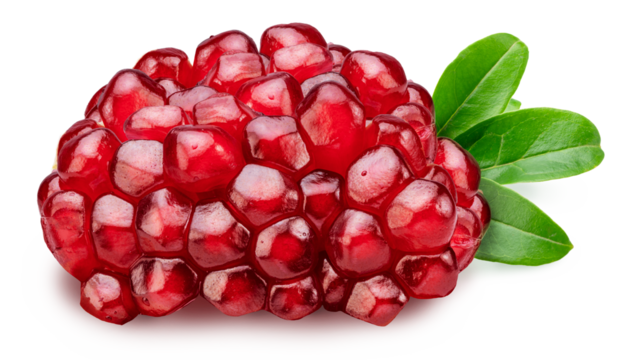 Pomegranate piece with pomegranate seeds and leaves isolated on a white background. Clipping path. Stacking focus, maximum detail.