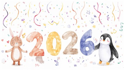 Naklejka premium Joyful watercolor scene of “2026” set in a playful celebration. Cute bunny, cat, bear, and penguin toss confetti in the air with happy expressions. Floating ribbons, tiny stars, and gentle watercolor 
