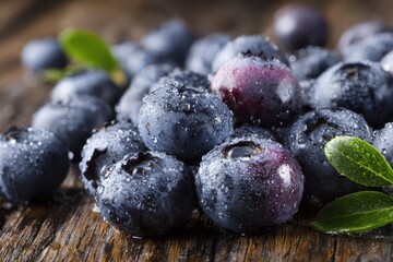 Fresh ripe blueberries on a rustic wooden surface, close-up with natural light