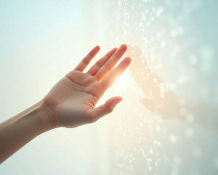 Hands reaching through window with water droplets - Powered by Adobe
