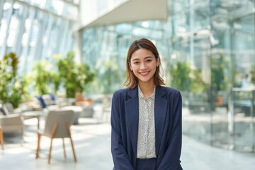 Friendly office portrait of an Asian professional in a clean, modern lobby