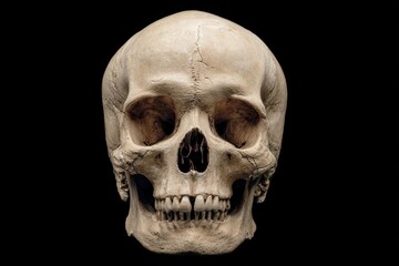 Front view of a natural human skull against a black background