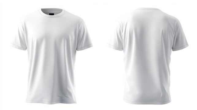 Front and back plain white T-shirt template for apparel design, realistic drape on invisible form, isolated on white