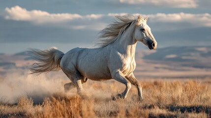 Galloping white horse across sunlit countryside in golden hour