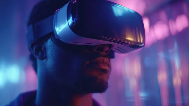 Futuristic mood shot of a person immersed in virtual reality with glitch art