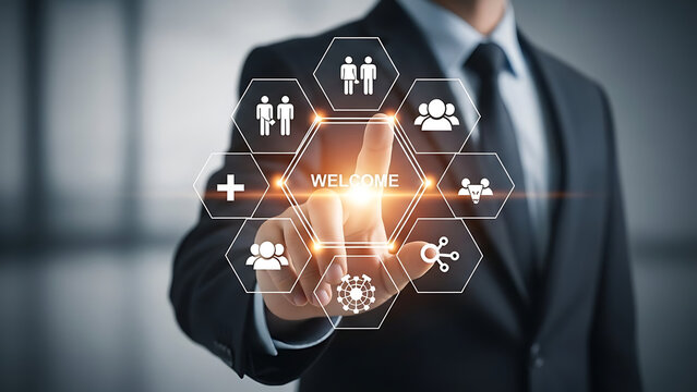 Businessman touching welcome screen digital interface with user icons for business solutions and customer relationship management system concepts