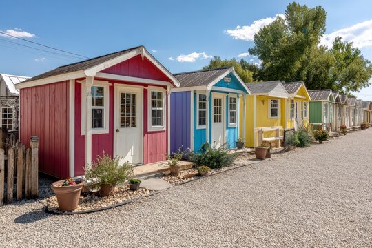 Garden storage sheds showcased in an open-air display lot