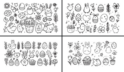 Easter doodle set, cute Easter elements, bunny illustration, Easter egg drawing, hand drawn chicks, festive holiday icons, cartoon celebration art, spring festival design, Easter vector graphic, joyfu