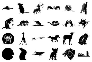 Assorted Animal and Mythical Creature Silhouettes in Black and White