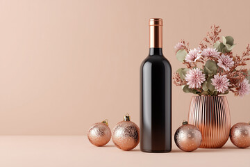 Elegant wine bottle with festive ornaments and flower vase on table  