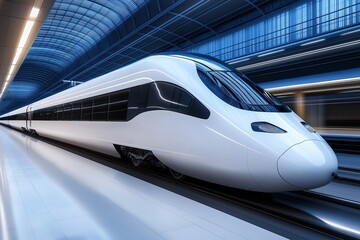 Obraz premium High-speed train white high-speed bullet train in motion at station against blue background, high-tech modern exterior with futuristic design
