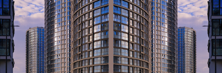Obraz premium The sun is reflected in the building. Sunlight and beautiful cityscape, modern buildings and city streets, public place