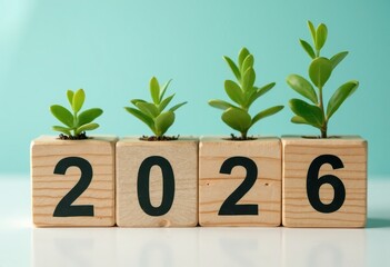 Growing Future: Green Plants Emerging from Wooden Blocks Representing the Year 2026
