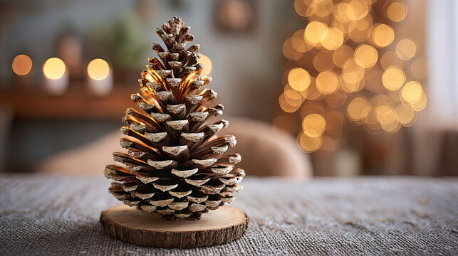 Natural brown pinecone with softly gilded tips standing on a wooden slice against warm festive bokeh lights in a blurred cozy interior. Concept of handmade holiday decoration