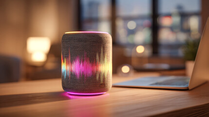 Portable smart speaker with glowing colorful light wave display on fabric cover placed on wooden desk near laptop in modern cozy living room environment at dusk