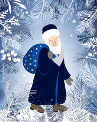 Cute Saint Nicholas walking through the winter forest with a gift sack. Cartoon Santa character with a gift bag. Saint Nicholas day vector illustration.