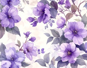Elegant Floral Pattern with Watercolor Purple Flowers and Soft Foliage Design