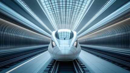 High-speed train with futuristic design moving at high speed through tunnel of urban environment, white sleek exterior with symmetrical lines