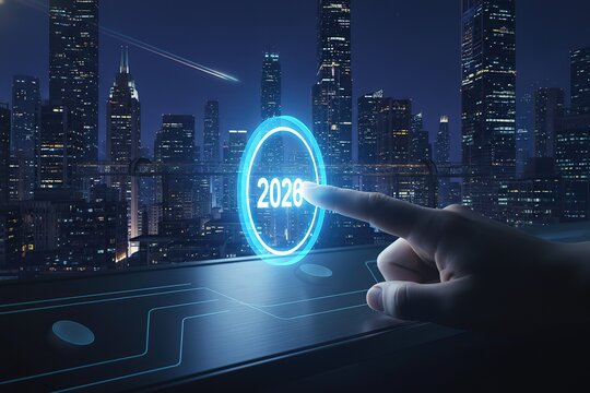 A finger presses a button with the year 2026 on a dark city background - Powered by Adobe