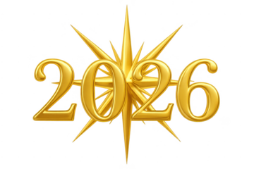 Golden 2026 numbers on shiny star transparent background
