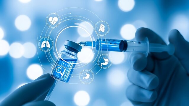 Close up of medical professional preparing vaccine injection from vial with digital health icons