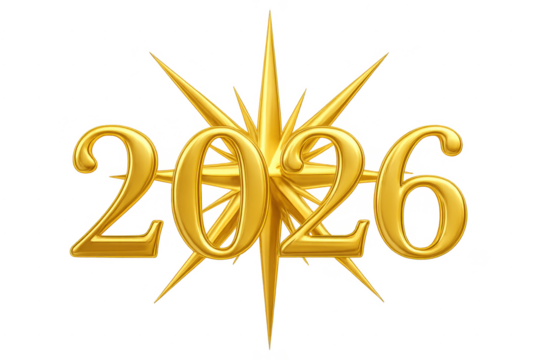 Golden 2026 numbers on shiny star transparent background