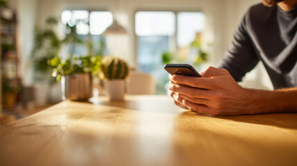 Man sitting at wooden table in bright room using smartphone with natural plants and soft sunlight through windows creating warm cozy atmosphere