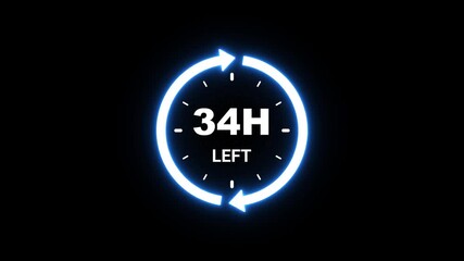 Neon blue glowing clock icon with 34 hours left countdown on black background timer time