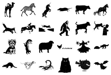 Diverse Animal and Fantasy Silhouette Collection Keywords: camel, zebra, unicorn, mouse, cow