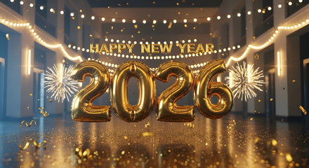 Happy New Year 2026! Golden foil balloon numbers, glitter, confetti, and fireworks