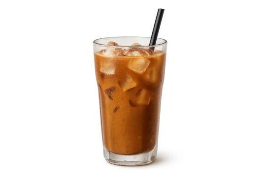 Tall glass of iced coffee with ice cubes and black straw