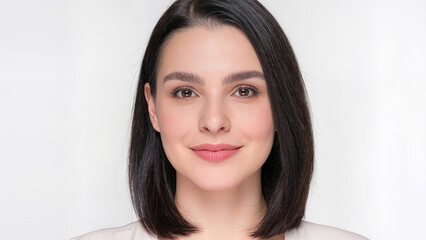 Caucasian woman with black hair and with a beautiful face and fresh, smooth skin. Cute female model with natural makeup and sparkling eyes is posing on white isolated background.