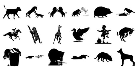 Variety of Animal and Human Silhouettes Keywords: cow, horse, wolf, lion, cheetah, hedgehog