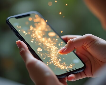 Person using smartphone with sparkling display