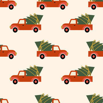 Рattern with Red pickup truck carrying bundled Christmas tree in seamless festive pattern.